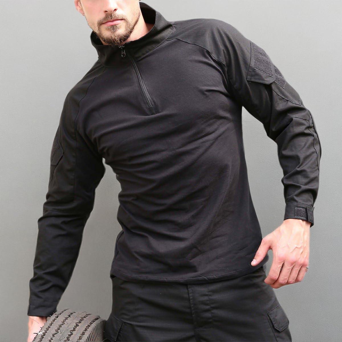 imageReFire Gear Mens Military Tactical Army Combat Long Sleeve Shirt Slim Fit Camo TShirt with 14 ZipperBlack