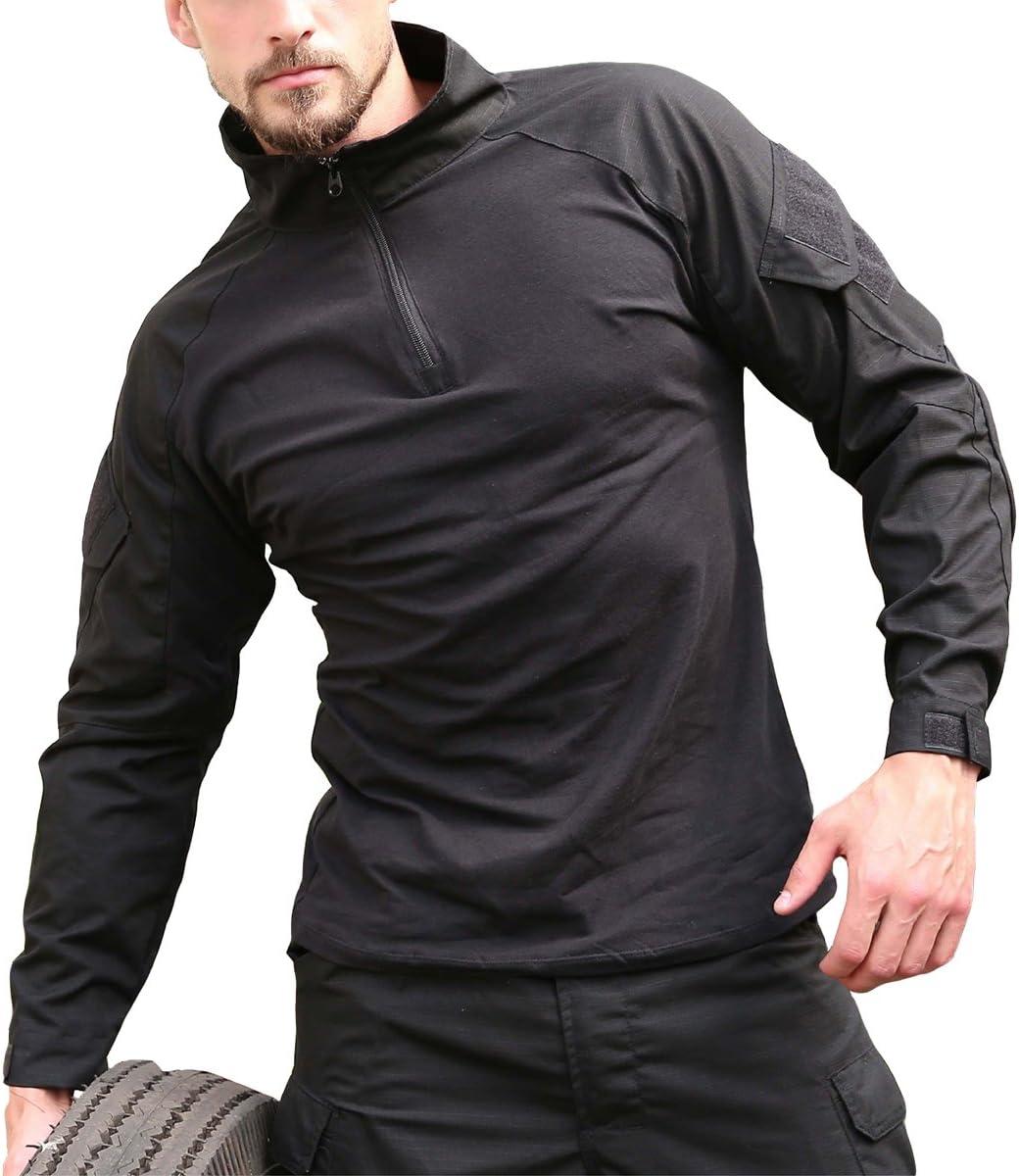 imageReFire Gear Mens Military Tactical Army Combat Long Sleeve Shirt Slim Fit Camo TShirt with 14 ZipperBlack