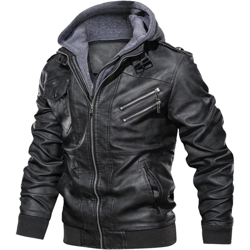 imageCARWORNIC Mens Faux Leather Jacket Casual Brown Motorcycle Jacket with Removable HoodBlack