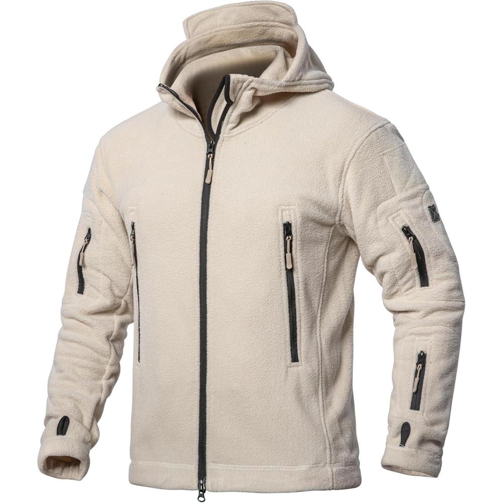 imageCARWORNIC Mens Military Tactical Fleece Jacket Warm MultiPockets Outdoor Hooded CoatBeige
