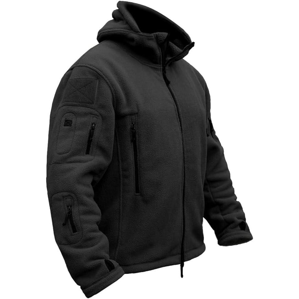 imageCARWORNIC Mens Military Tactical Fleece Jacket Warm MultiPockets Outdoor Hooded CoatBlack