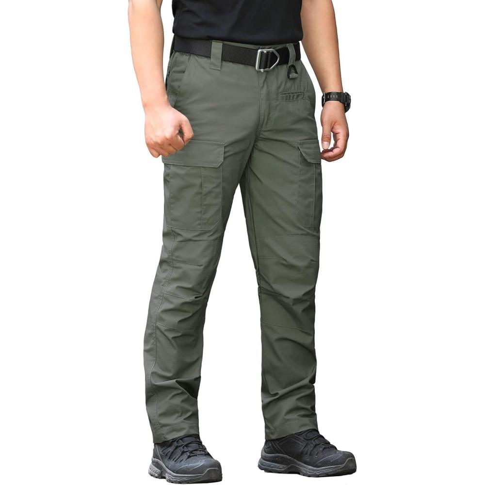 imageCARWORNIC Mens Ripstop Tactical Pants WaterResistant Military Cargo Pants Lightweight EDC Pockets Outdoor Hiking Work PantsArmy Green