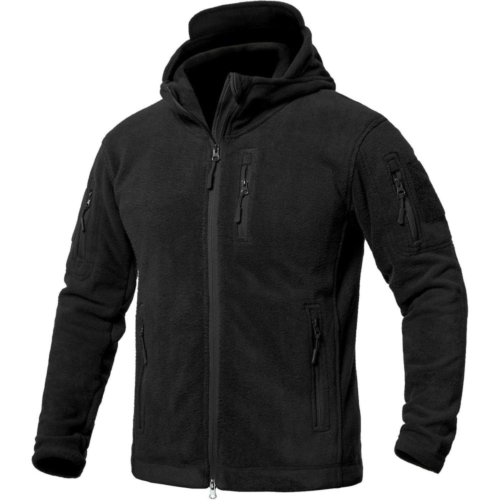 imageCARWORNIC Mens Tactical Hooded Fleece Jackets FullZip Winter Warm Polar Military Outdoor Hiking Coat with Zipper Pockets