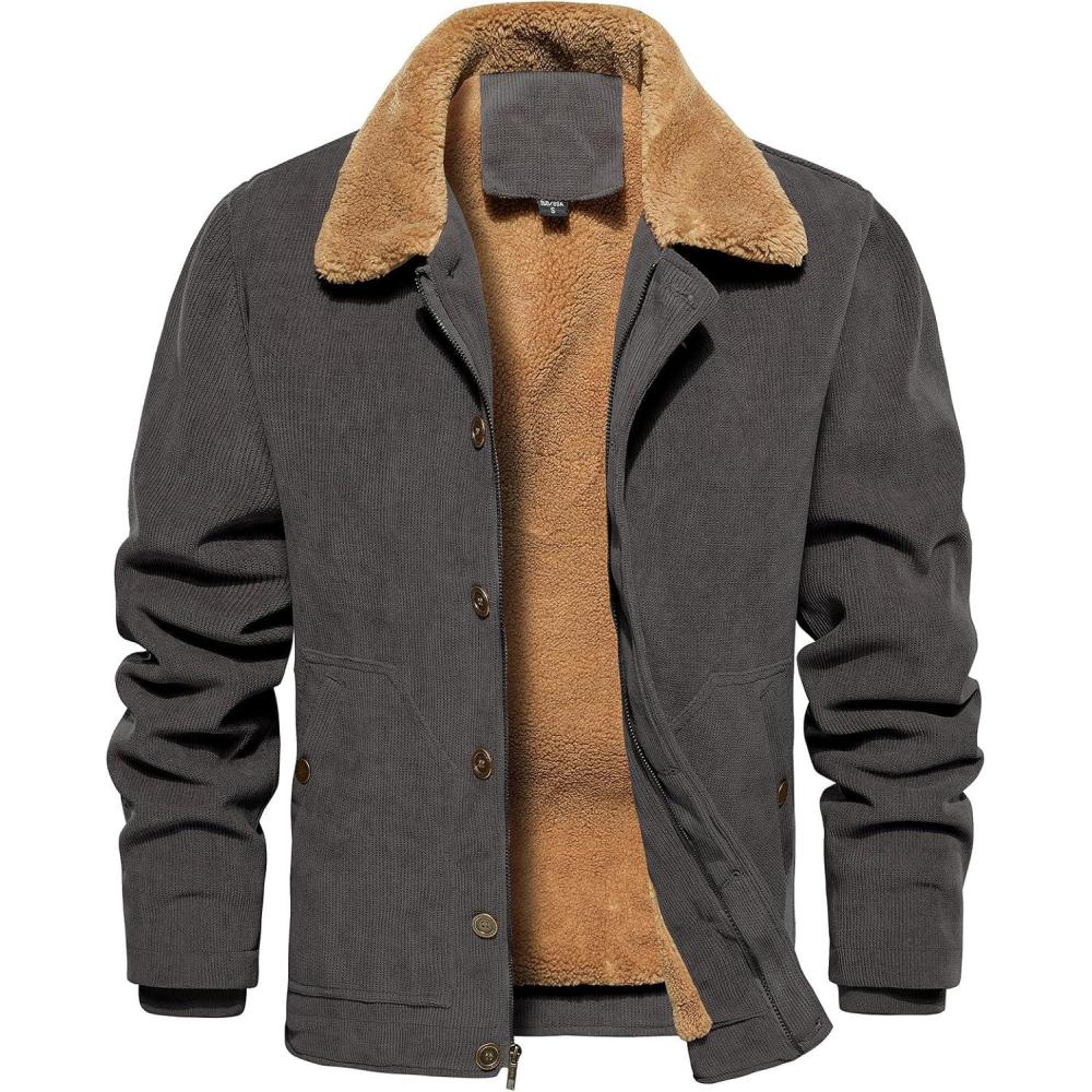 imageCARWORNIC Mens Winter Corduroy Jacket Warm Fleece Lined Work Jacket Casual Sherpa Trucker CoatDark Gray