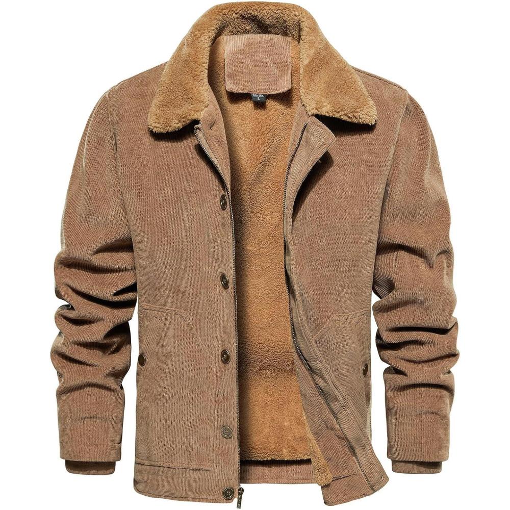 imageCARWORNIC Mens Winter Corduroy Jacket Warm Fleece Lined Work Jacket Casual Sherpa Trucker CoatKhaki
