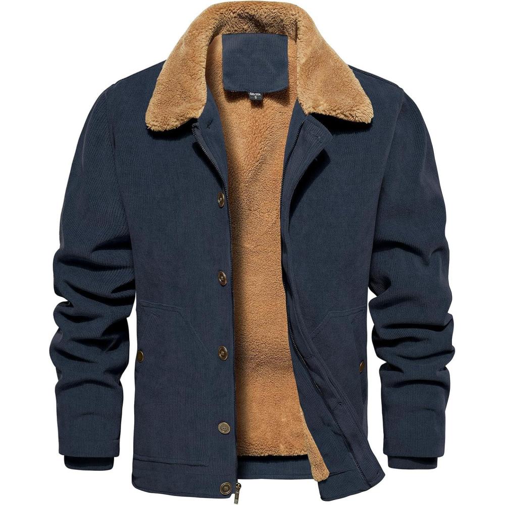 imageCARWORNIC Mens Winter Corduroy Jacket Warm Fleece Lined Work Jacket Casual Sherpa Trucker CoatNavy Blue