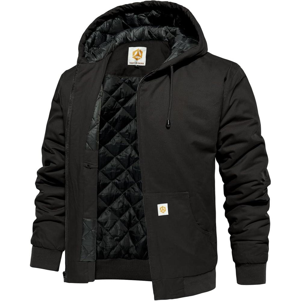 imageCARWORNIC Mens Winter Hooded Active Jacket with Warm QuiltedLined Cotton Outdoor Workwear CoatsBalck