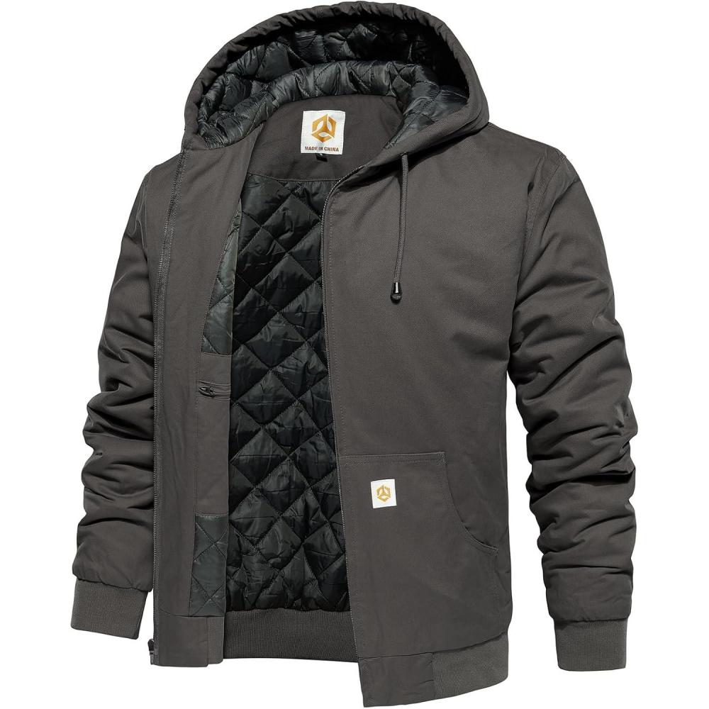 imageCARWORNIC Mens Winter Hooded Active Jacket with Warm QuiltedLined Cotton Outdoor Workwear CoatsDarkgray