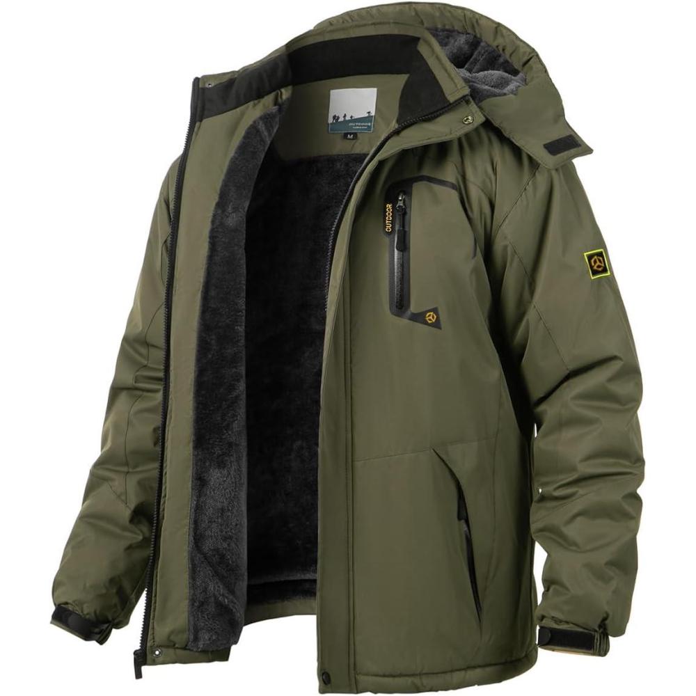 imageMens Winter Ski Jacket Warm Fleece Waterproof Outdoor Mountain Hiking Windbreaker Hooded Snow Rain CoatArmy Green