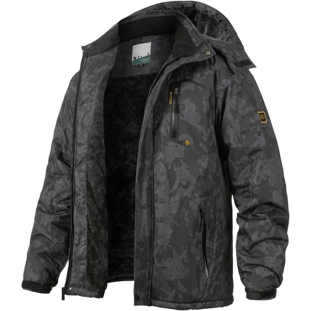 imageMens Winter Ski Jacket Warm Fleece Waterproof Outdoor Mountain Hiking Windbreaker Hooded Snow Rain CoatBlackcamouflage