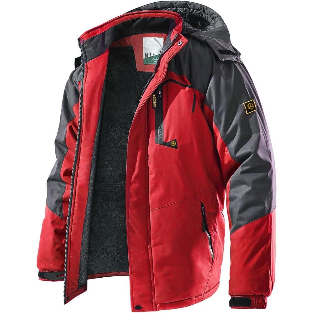 imageMens Winter Ski Jacket Warm Fleece Waterproof Outdoor Mountain Hiking Windbreaker Hooded Snow Rain CoatRed