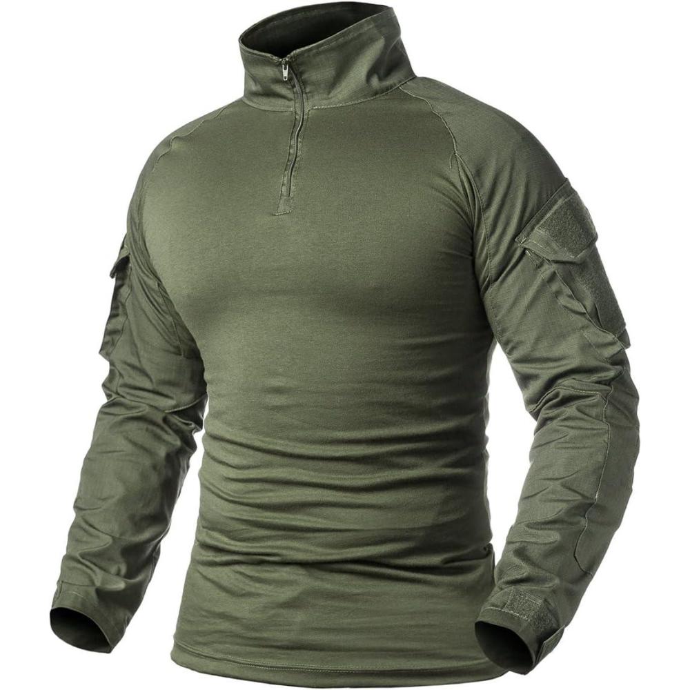 imageReFire Gear Mens Military Tactical Army Combat Long Sleeve Shirt Slim Fit Camo TShirt with 14 ZipperArmy Green