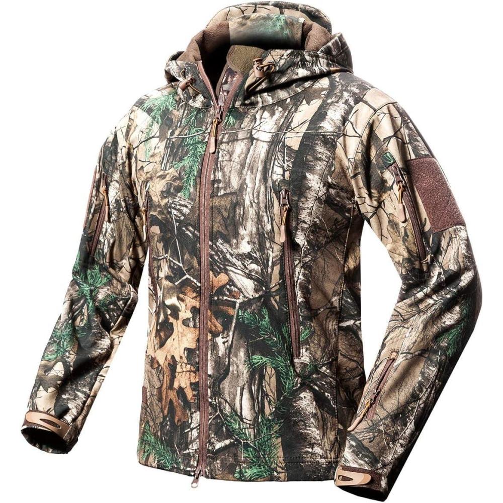 imageReFire Gear Mens Soft Shell Military Tactical Jacket Outdoor Camouflage Hunting Fleece Hooded CoatLeaf Camo