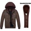Veste de moto casual marron en cuir pour homme avec capot amovible (Brown)