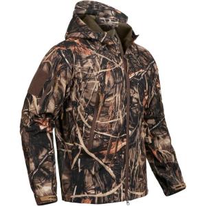 CARWORNIC Men’s Camo Quiet Hunting Jacket Waterproof Softshell Fleece Lined Camouflage Outdoor Hiking Fishing Coat(Reeds Camo)