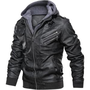 CARWORNIC Men’s Faux Leather Jacket Casual Brown Motorcycle Jacket with Removable Hood(Black)