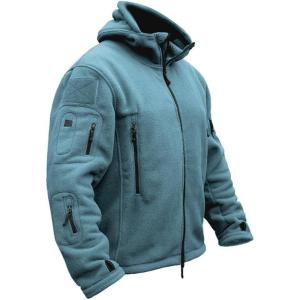 CARWORNIC Men’s Military Tactical Fleece Jacket Warm Multi-Pockets Outdoor Hooded Coat(Light Blue)