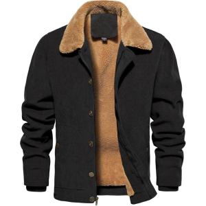 CARWORNIC Men’s Winter Corduroy Jacket Warm Fleece Lined Work Jacket Casual Sherpa Trucker Coat(Black)