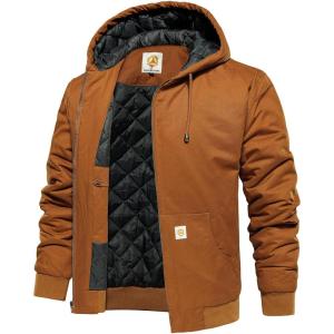 CARWORNIC Men’s Winter Hooded Active Jacket with Warm Quilted-Lined Cotton Outdoor Workwear Coats(Brown)