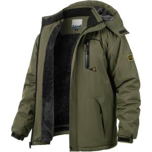 Men’s Winter Ski Jacket Warm Fleece Waterproof Outdoor Mountain Hiking Windbreaker Hooded Snow Rain Coat(Army Green)