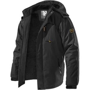Men’s Winter Ski Jacket Warm Fleece Waterproof Outdoor Mountain Hiking Windbreaker Hooded Snow Rain Coat(Black)