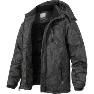 Men’s Winter Ski Jacket Warm Fleece Waterproof Outdoor Mountain Hiking Windbreaker Hooded Snow Rain Coat(Black-camouflage)