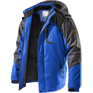 Men’s Winter Ski Jacket Warm Fleece Waterproof Outdoor Mountain Hiking Windbreaker Hooded Snow Rain Coat(Blue)