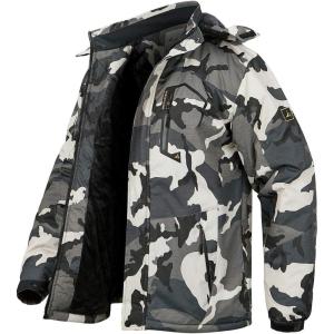 Men’s Winter Ski Jacket Warm Fleece Waterproof Outdoor Mountain Hiking Windbreaker Hooded Snow Rain Coat(Camouflage)