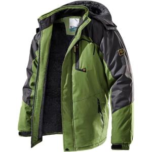 Men’s Winter Ski Jacket Warm Fleece Waterproof Outdoor Mountain Hiking Windbreaker Hooded Snow Rain Coat(Green)