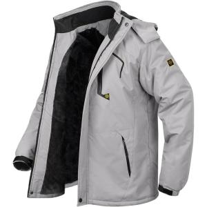 Men’s Winter Ski Jacket Warm Fleece Waterproof Outdoor Mountain Hiking Windbreaker Hooded Snow Rain Coat(Light Grey)