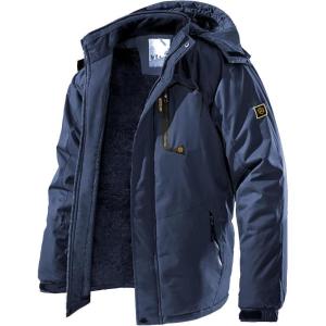Men’s Winter Ski Jacket Warm Fleece Waterproof Outdoor Mountain Hiking Windbreaker Hooded Snow Rain Coat(Navy Blue)