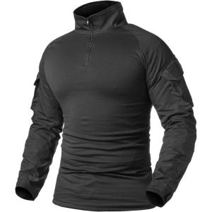 ReFire Gear Men’s Military Tactical Army Combat Long Sleeve Shirt Slim Fit Camo T-Shirt with 1/4 Zipper(Black)
