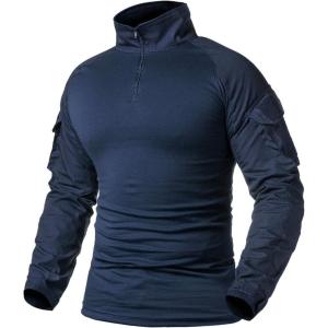 ReFire Gear Men’s Military Tactical Army Combat Long Sleeve Shirt Slim Fit Camo T-Shirt with 1/4 Zipper(Navy Blue)