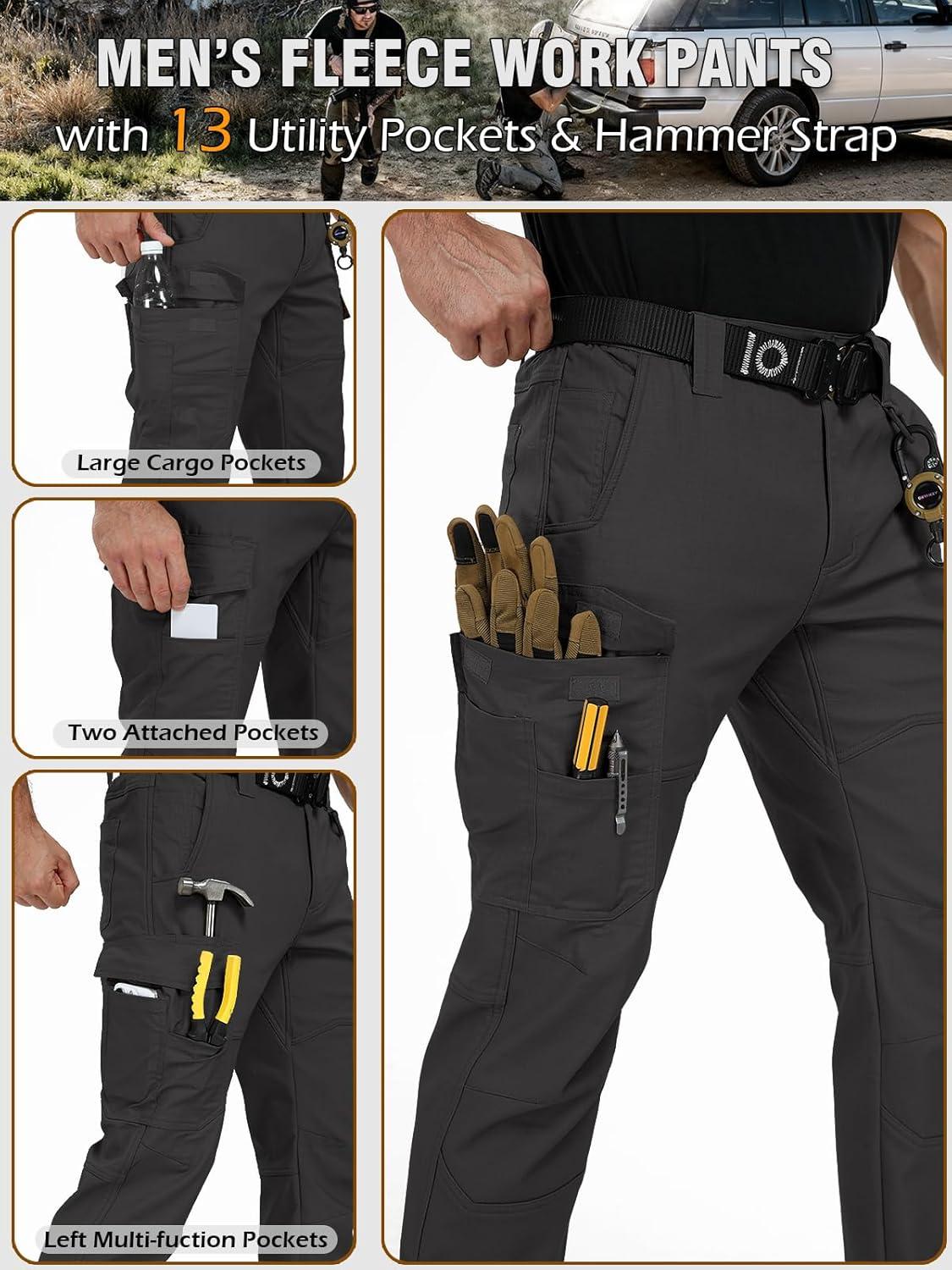 imageCARWORNIC Mens Ripstop Fleece Lined Tactical Work Pants Warm Water Resistant Flex Utility Cargo Skiing Hiking PantsBlack
