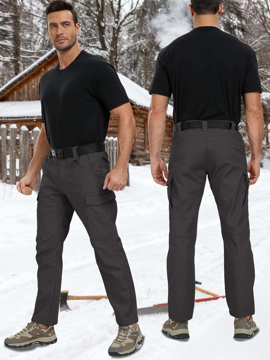 imageCARWORNIC Mens Ripstop Fleece Lined Tactical Work Pants Warm Water Resistant Flex Utility Cargo Skiing Hiking PantsBlack