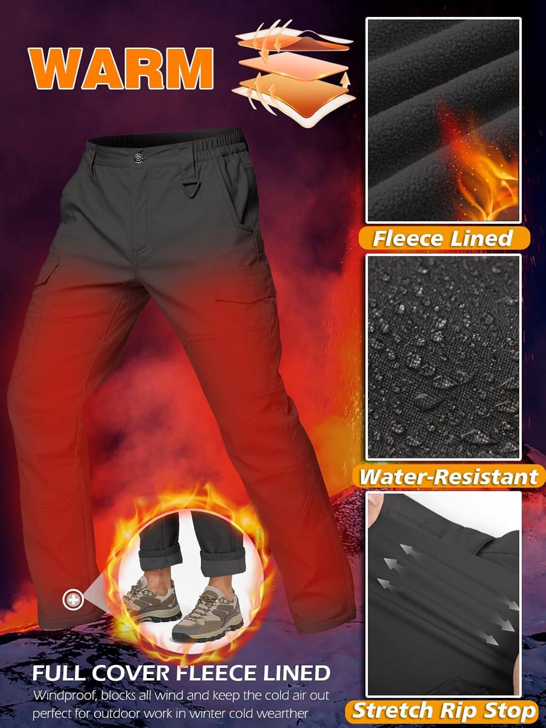 imageCARWORNIC Mens Ripstop Fleece Lined Tactical Work Pants Warm Water Resistant Flex Utility Cargo Skiing Hiking PantsBlack