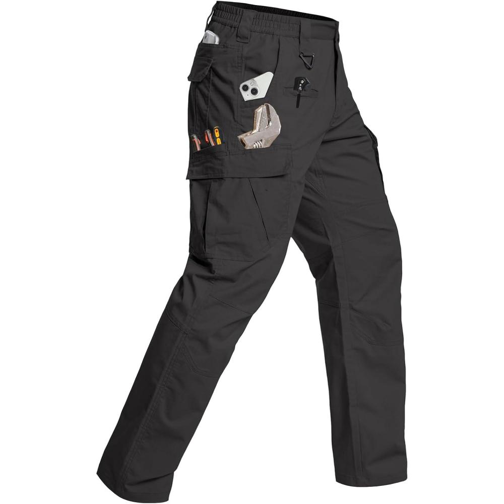 imageCARWORNIC Mens Stretch Tactical Work Pants Flex Ripstop Water Resistant EDC Utility Hiking Cargo Pants with 12 PocketsBlack