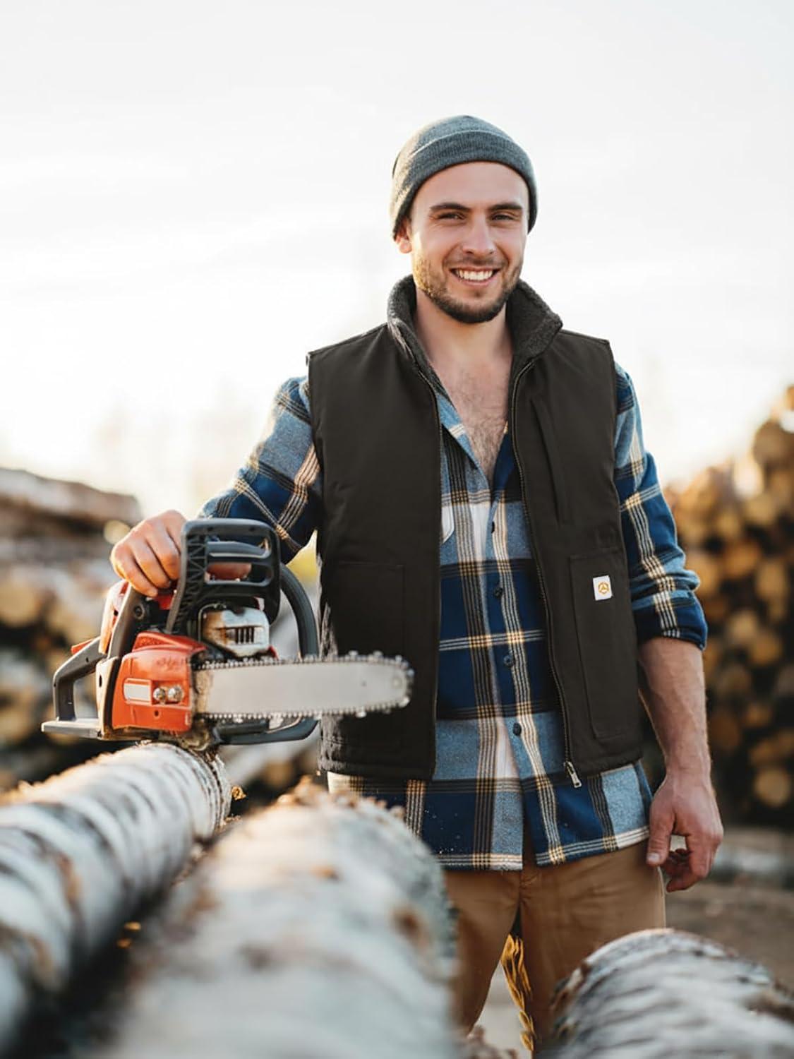 imageCARWORNIC Waterproof Washed Duck Vest Winter Sherpa Fleece Lined Loose Fit MockNeck Insulated Canvas Workwear VestBlack