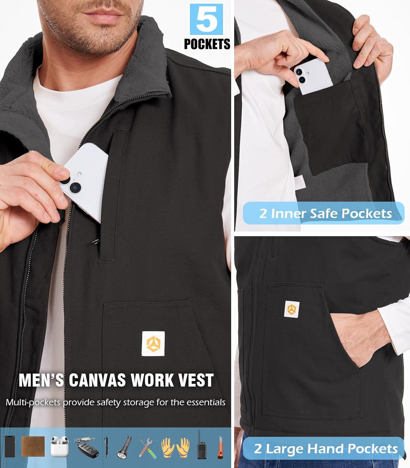 imageCARWORNIC Waterproof Washed Duck Vest Winter Sherpa Fleece Lined Loose Fit MockNeck Insulated Canvas Workwear VestBlack