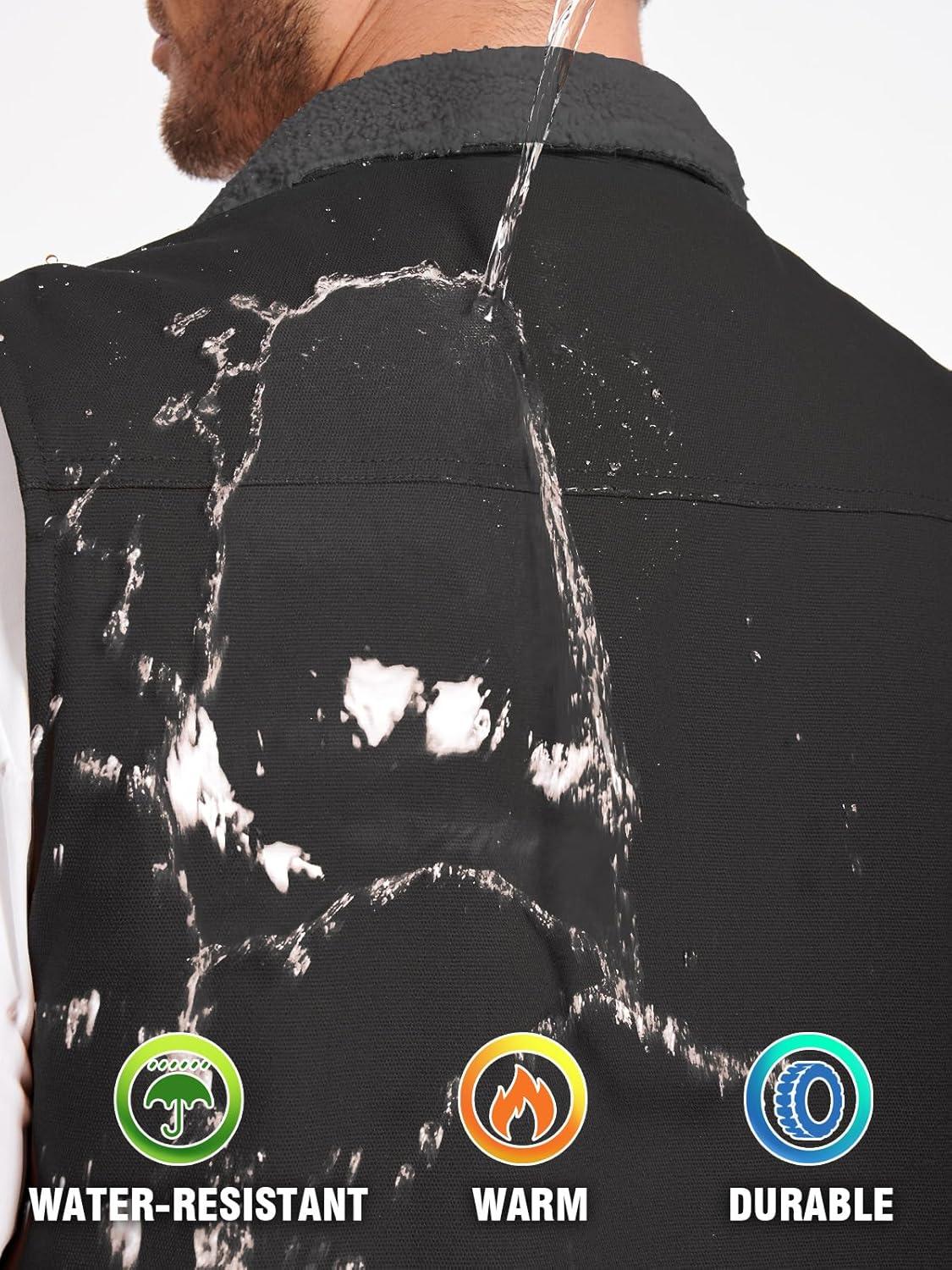 imageCARWORNIC Waterproof Washed Duck Vest Winter Sherpa Fleece Lined Loose Fit MockNeck Insulated Canvas Workwear VestBlack