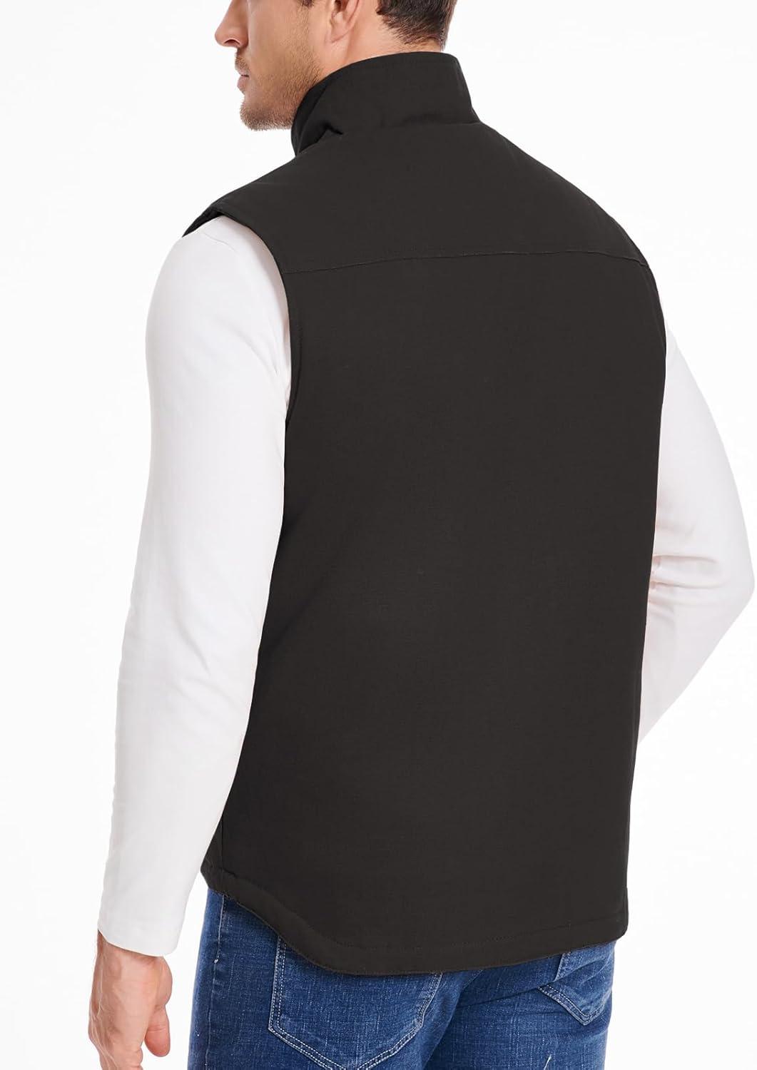 imageCARWORNIC Waterproof Washed Duck Vest Winter Sherpa Fleece Lined Loose Fit MockNeck Insulated Canvas Workwear VestBlack