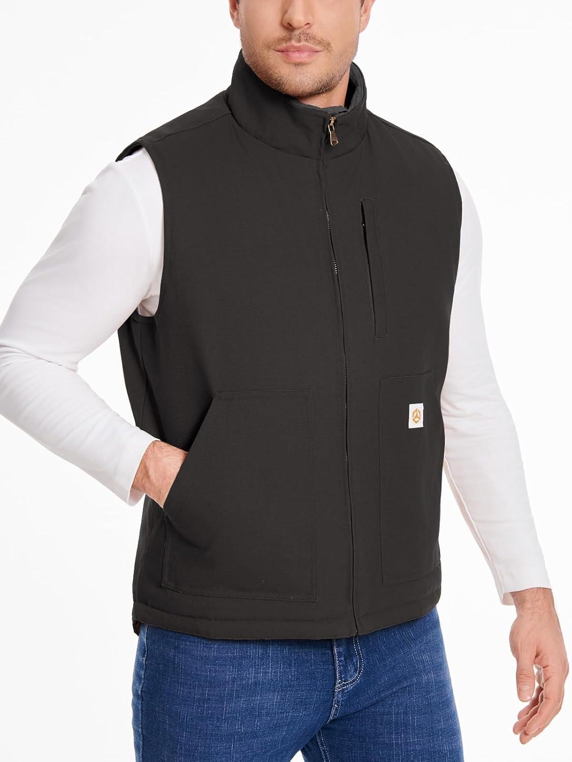 imageCARWORNIC Waterproof Washed Duck Vest Winter Sherpa Fleece Lined Loose Fit MockNeck Insulated Canvas Workwear VestBlack
