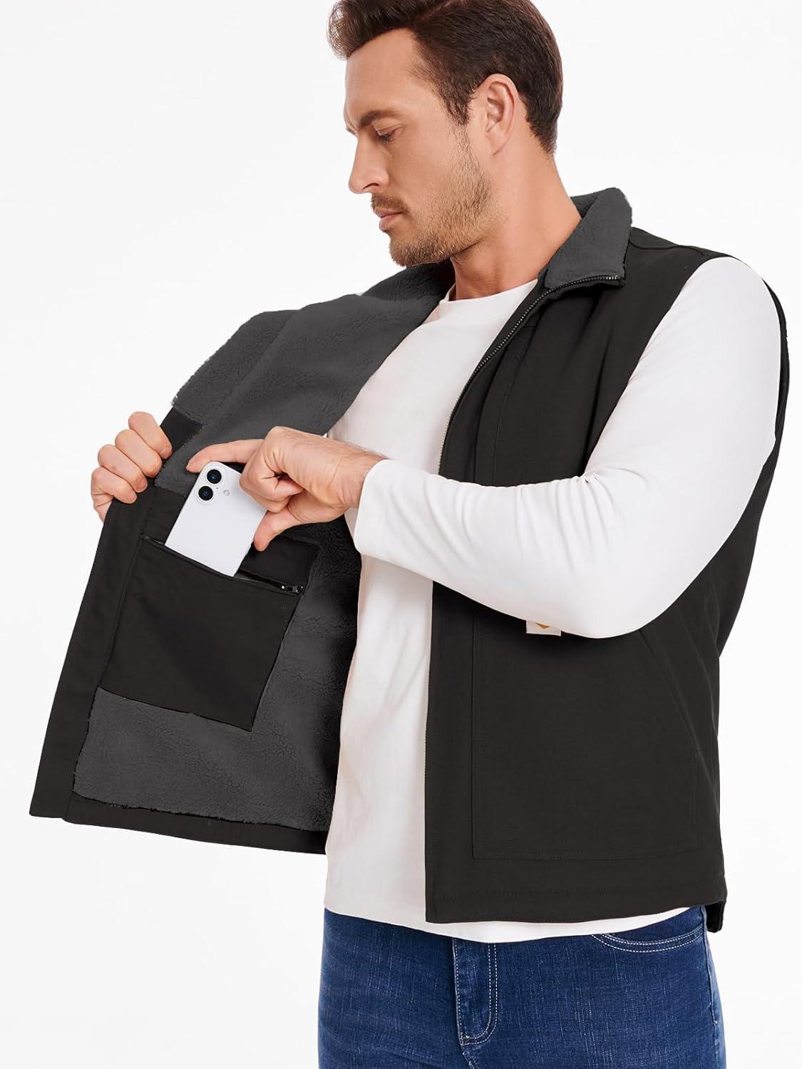 imageCARWORNIC Waterproof Washed Duck Vest Winter Sherpa Fleece Lined Loose Fit MockNeck Insulated Canvas Workwear VestBlack