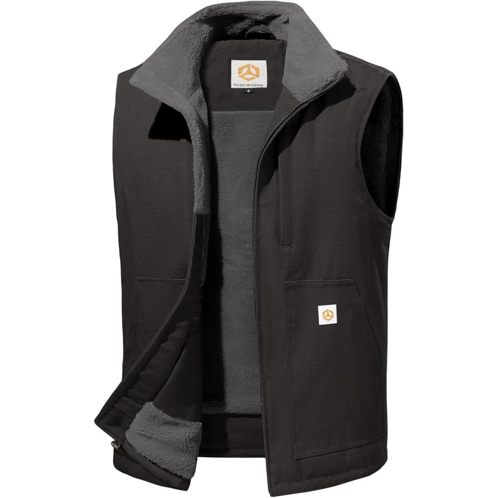 imageCARWORNIC Waterproof Washed Duck Vest Winter Sherpa Fleece Lined Loose Fit MockNeck Insulated Canvas Workwear VestBlack